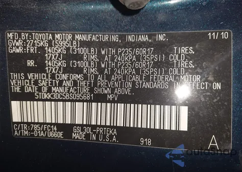 2011 Toyota Sienna Le V6 z USA, uszkodzony, nr VIN 5TDKK3DC5BS095681